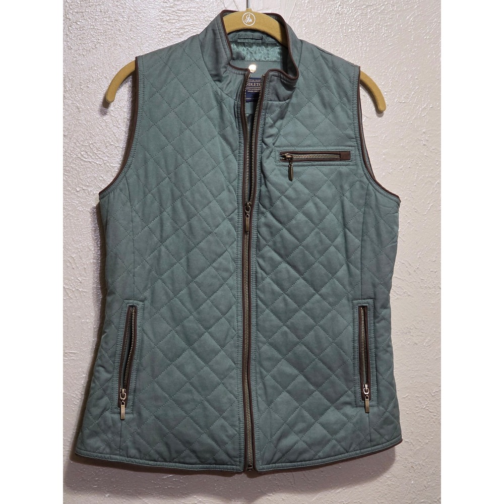 Pendleton Womens Quilted Vest Sage Green Brown Trim Small Transitional weather